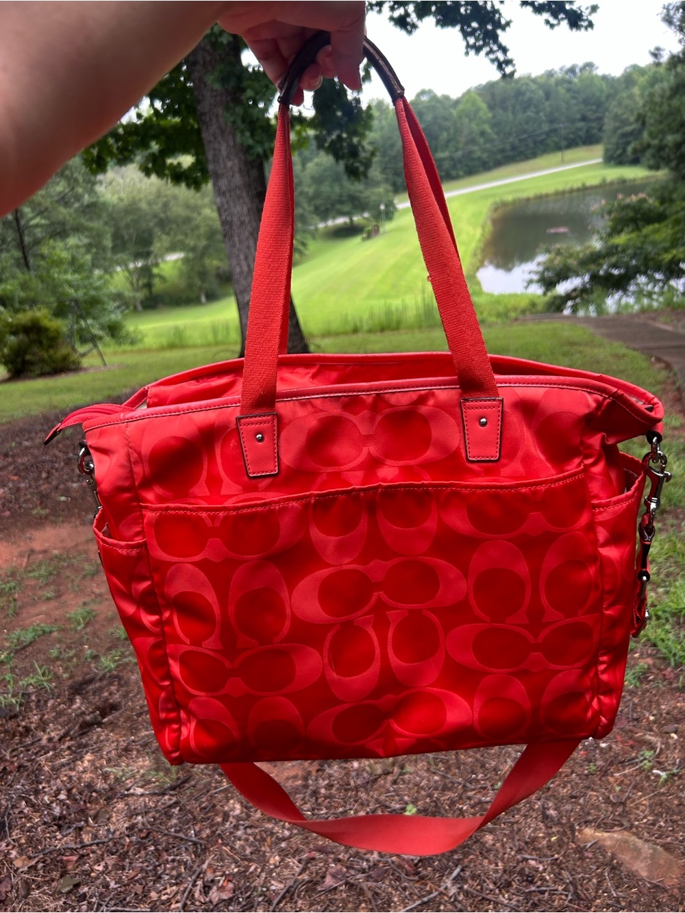 Coach F77577 Signature Nylon Diaper Bag Travel Tote Coral Red Crossbody - Picture 2 of 16